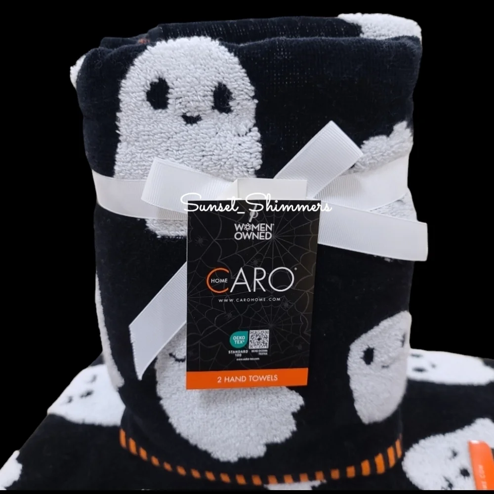 4pc Halloween Ghost Black White Orange Plush Bath & Hand Towel Set Caro Home New